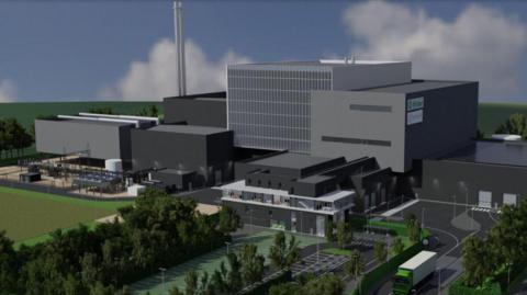 An image of what the new facility could look like. It shows several grey blocks with trees and parking outside. 