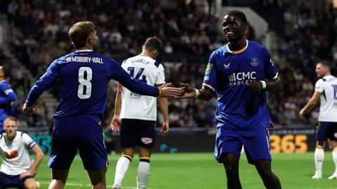 Everton striker Thierno Barry celebrates scoring against Preston