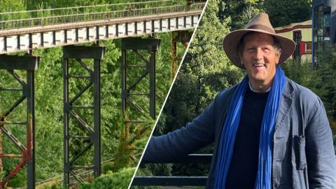 split image of Monty Don and a garden built around steelworks