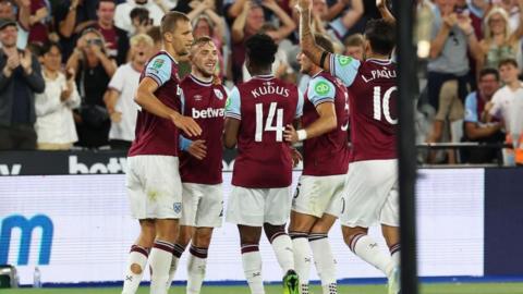 West Ham players celebrate a goal