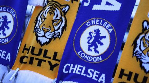 Hull and Chelsea half-and-half scarves on sale before the teams' FA Cup match