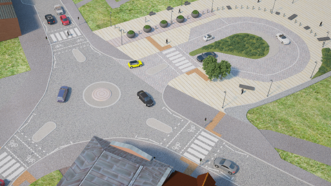 An artist expression of a roundabout at the new Moseley Village Railway Station. Several cars go around the junction with a u-shaped drop off area linked to it.