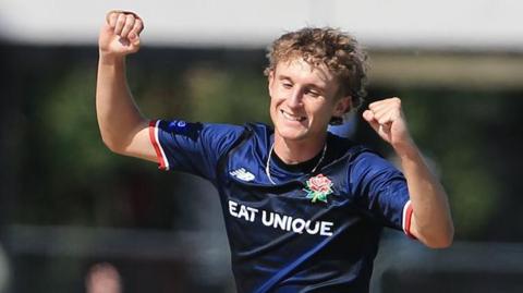 Josh Boyden celebrates taking a wicket for Lancashire in the One-Day Cup