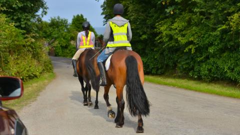 Two people in high vis riding brown horses on the road.
