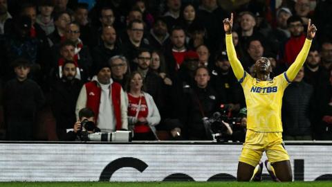 Eberechi Eze celebrates a goal at Emirates Stadium