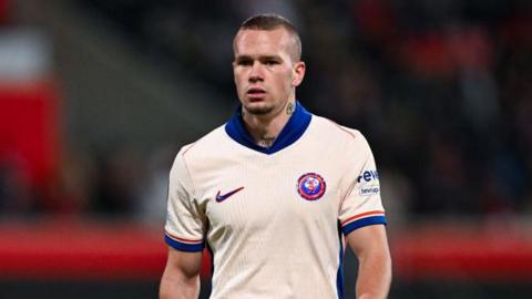 Mykhailo Mudryk looks on while playing for Chelsea against Heidenheim in the league phase of the Europa Conference League