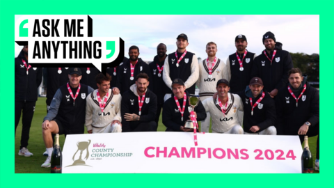 Surrey celebrating winning the 2024 County Championship Division One title with an Ask Me Anything border around it