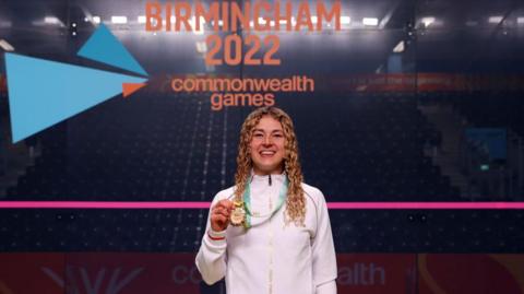 Georgina Kennedy celebrating her commonwealth games win in Birmingham