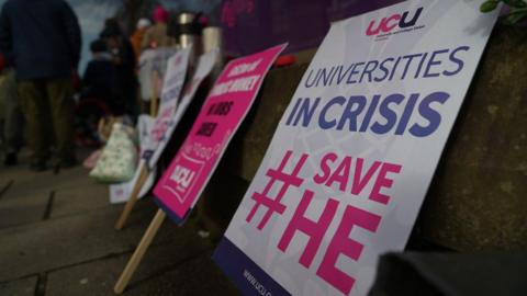 UCU placquards leaning against a wall.