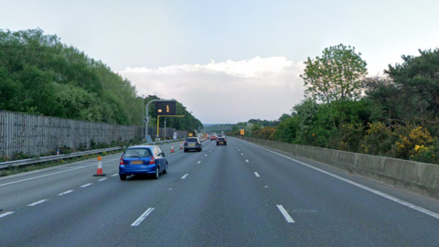A stretch of motorway. It is lined with trees and the sky is overcast. 