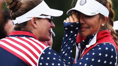 American Alison Lee is comforted after being told she lost a hole at the 2015 Solheim Cup in controversial fashion