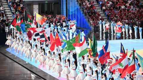 Athletes parade during the closing ceremony of the 9th Asian Winter Games Harbin 2025 on February 14, 2025 in Harbin.