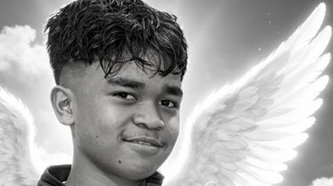 Baltazar L'Quy is a teenage boy. He has short dark hair and the image is black and white.