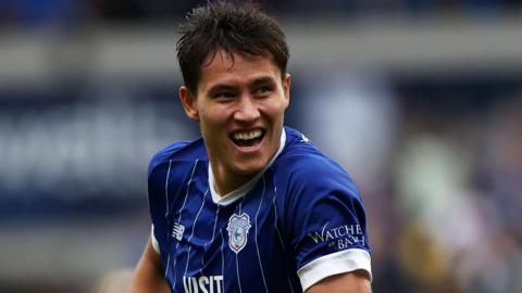 Rubin Colwill smiles after scoring for Cardiff
