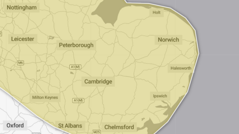 A Met Office map showing the East of England highlighted in yellow.