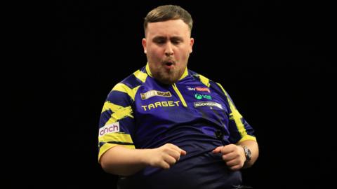 Luke Littler celebrates beating Luke Humphries on night 14 of the Premier League Darts in Leeds