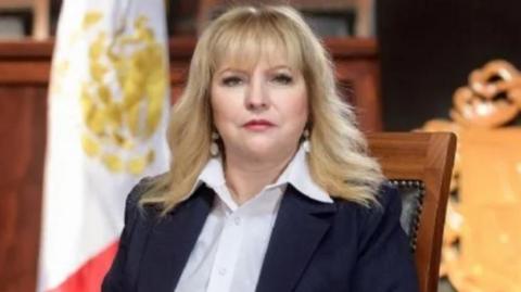 Yolanda Sanchez posing for her official photograph as mayor of Cotija in front of a Mexico flag and an official coat of arms