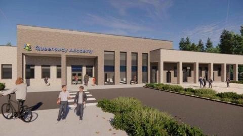 An artist's impression of a school. A brown building has a sign on that reads "Queensway academy". There is a crossing and green bushes. Pupils are walking together in front of the building. One is wheeling a bicycle