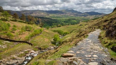 A view of the Watkin Path, flat at this stage, with a bank on the left and a stream running alongside it. A mountain range can be seen in the distance with trees on the lower hills.