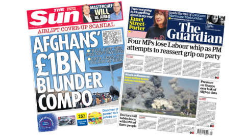 The Sun has the headline "Afghan's £1bn blunder" and "Four MPs lose the Labour whip as PM attempts to reassert grip on party" states the front page of the Guardian.