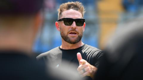 Head coach of England Brendon McCullum during a net session at Wankhede Stadium on 3 March 2026 in Mumbai, India