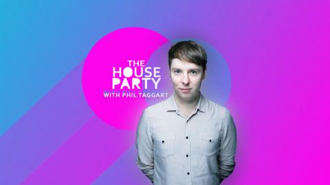 Photograph of Phil Taggart beside The House Party logo