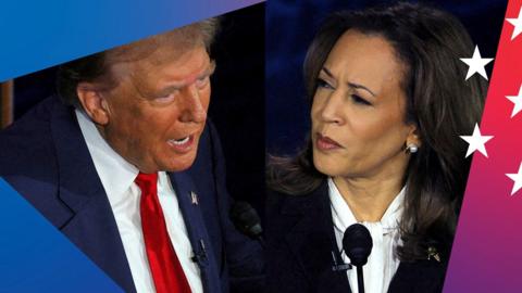 A split screen composition of Donald Trump and Kamala Harris at the presidential TV debate