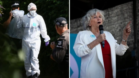 A split image of a person in a white forensic suit on the left and an image of Ann Widdecombe holding a microphone on the right.