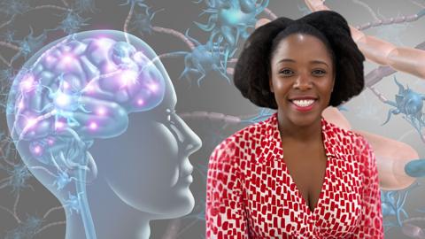 Psychologist Kimberley Wilson smiling, pictured next to a visualisation of the human brain