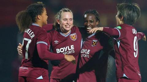 Viviane Asseyi celebrates a goal with her West Ham team-mates during their 3-0 win over Newcastle in the Women's FA Cup