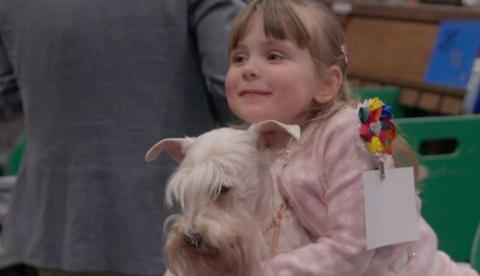 Four year old Caitlyn who has light hair and is wearing a pink jacket, holding a white dog with a beard