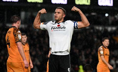 Carlton Morris of Derby celebrates scoring the opening goal during the Sky Bet Championship match between Derby County and Hull City at Pride Park on November 04, 2025