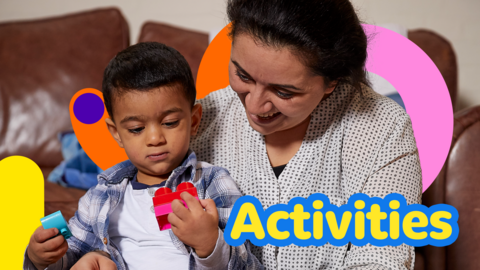 A woman smiles while her child plays with blocks. The word 'Activities' is overlayed.