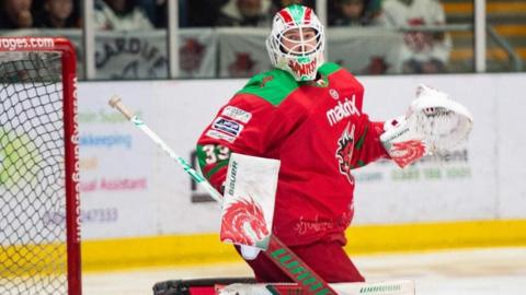 Devils netminder Ben Bowns was beaten twice early in the game against Manchester Storm