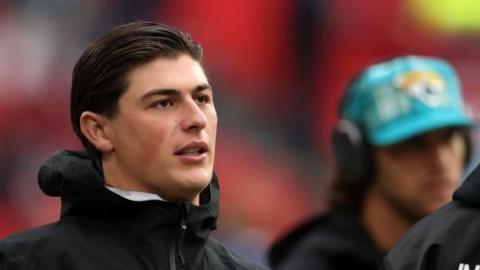 Louis Rees-Zammit on the sideline during the Jacksonville Jaguars' game against the New England Patriots at in October 2024