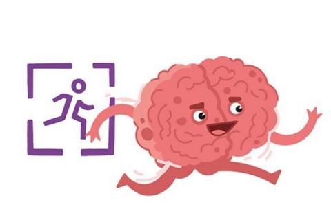 A pink cartoon brain with arms and legs running.