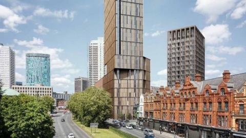 Artist's impression showing a modern-looking skyscraper next to a busy dual carriageway, towering over other buildings in the area. The Radisson Blu hotel is visible in the distance.
 
