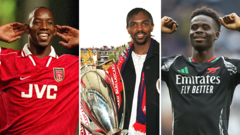 Ian Wright, Nwankwo Kanu and Bukayo Saka pictured during their respective stints with Arsenal. Wright cups his hands to his ears, Kanu holds the Premier League trophy and Saka raises his fists.