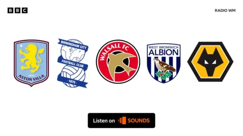 Graphic for the BBC Radio WM Football Phone-In, showing the badges of Villa, Blues, Walsall, Baggies and Wolves
