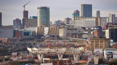 A view looking out over the city from the HS2 Curzon Viaduct 2 on January 14, 2026 in Birmingham, England. Curzon 2 in Birmingham, also known as the Bellingham Bridge, at approx 40m it is the tallest viaduct on the HS2 route and is now a prominent feature on the city's skyline. 