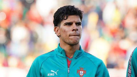 Mateus Fernandes of Portugal before the start of the U21 International Friendly match between Portugal and Northern Ireland at Estadio Antonio Coimbra da Mota on June 3, 2026 in Estoril, Portugal