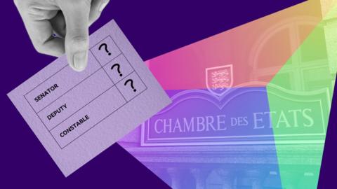 A composite image of a ballot which says Senator, Deputy and Constable. And a picture of the outside of the States Chamber.