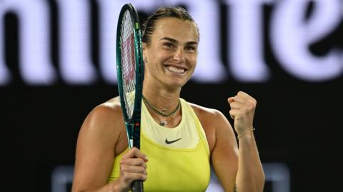 Aryna Sabalenka celebrates victory over Anastasia Pavlyuchenkova