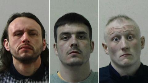 Mugshots of the three men. Ingram has long dark hair going down beyond his shoulders and a thin black beard. Benstead has stubble and short black hair. Howey is balding with very thin fair hair, clean shaven with a quizzical expression on his face, his eyes opened wide and brow furrowed. He looks surprised.