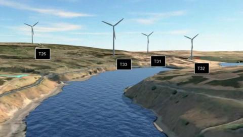 In the foreground there is a reservoir, on the horizon there are four wind turbines that will be 200m tall. The rest of the image is moorland.