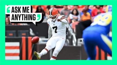Dustin Hopkins taking a kick with an Ask Me Anything border around him
