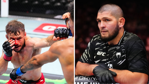 Split image of Nathaniel Wood punching Jose Delgado and Khabib Nurmagomedov coaching