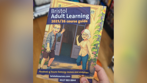 The front of a booklet, with two animated people with their arms outstretched in front of a doorway. It is titled 'Bristol Adult Learning 2025/26 course guide'. 