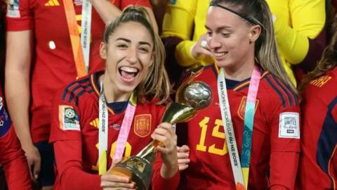Olga Carmona captain of Spanish team holds the Women's World Cup trophy after winning in 2023. 