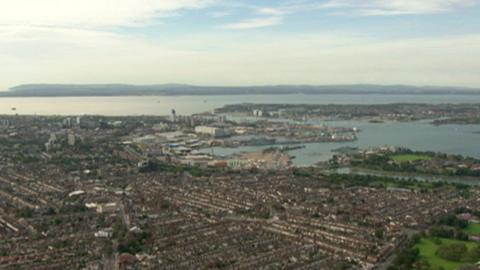 An aerial shot of Portsmouth and Gosport looking towards the Isle of Wight.